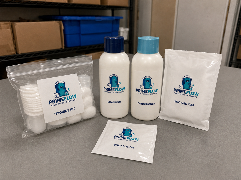 Primeflow hygiene kit with shampoo, conditioner, body lotion, shower cap, and cotton supplies