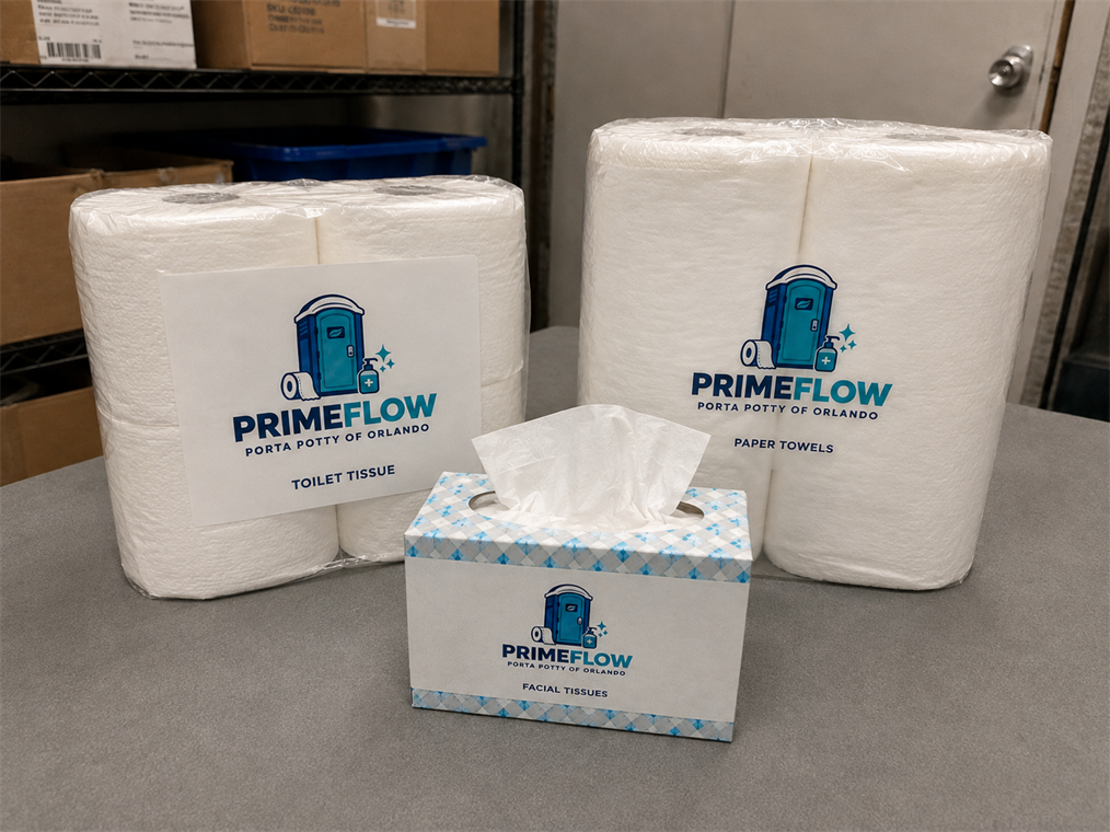 Primeflow paper towels, toilet tissue, and facial tissues displayed for restroom restocking