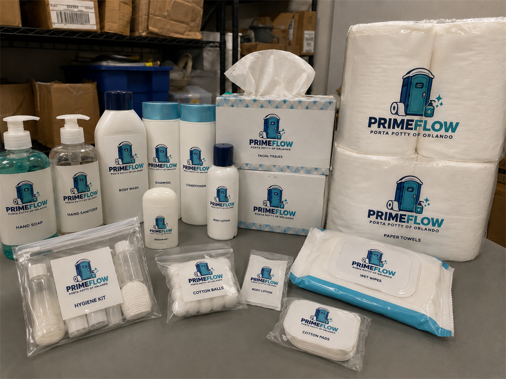 Primeflow branded toiletries, paper towels, facial tissues, wipes, lotions, soap, and sanitizer arranged on a counter