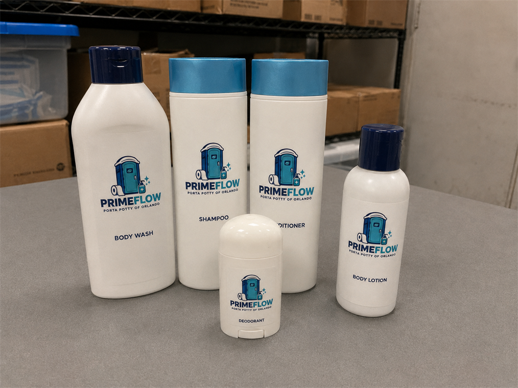 Primeflow shampoo, conditioner, body lotion, deodorant, and hygiene kit displayed together