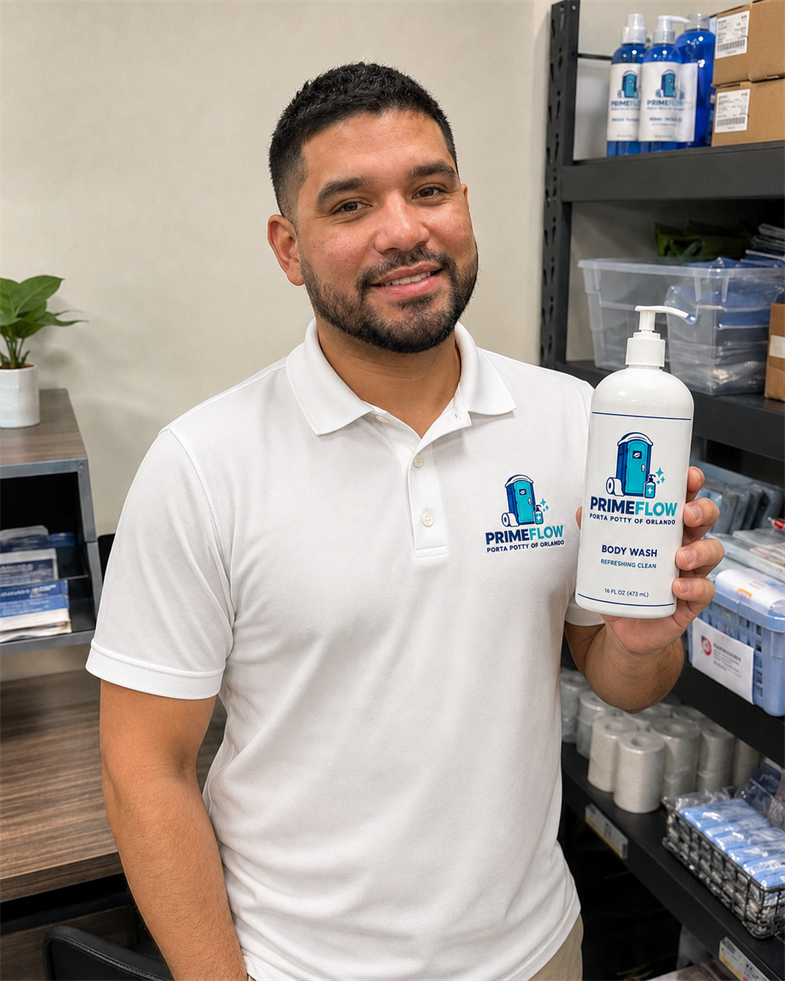 Primeflow team member holding a branded body wash bottle in a local product storage area